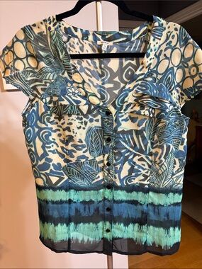 NICOLA Blue Teal Patterned V-Neck Blouse